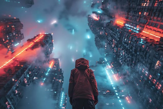 Bottom view of a man and skyscrapers in fog and smoke.