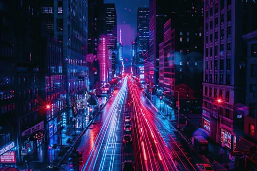 An image of a night city in a neon glow with skyscrapers and a road.