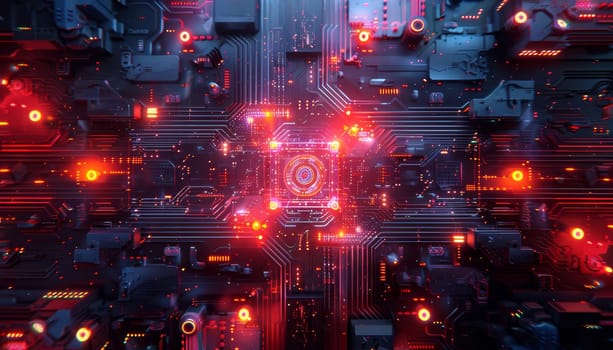 A computer chip with many red lights on it by AI generated image.