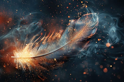 A gold-plated feather against a background of smoke and golden bokeh. Horizontal background.