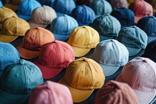 A background of many colored bright caps, baseball caps without inscriptions or patterns.