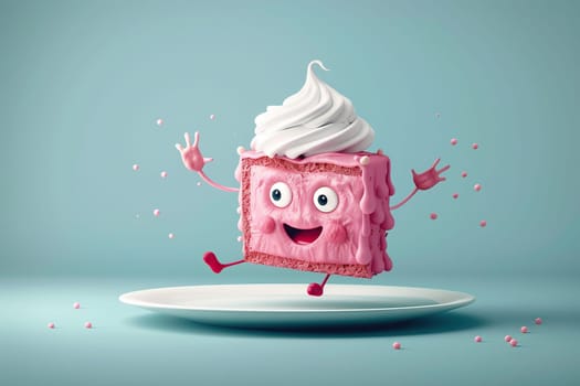 A piece of pink cake with a funny face, arms and legs runs off the plate. Cartoon character of a piece of cake. Cartoon 3D style. Sweets, baking, holiday concept.
