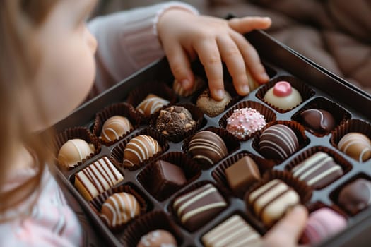 Child gives mom a box of chocolates, child's hands with sweets for mom.