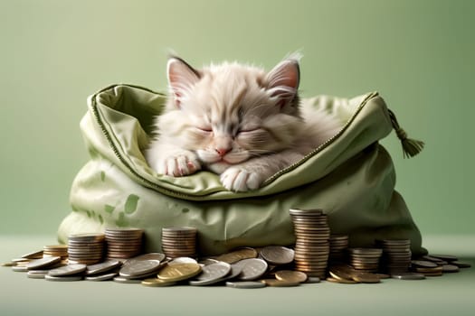 cute cat in a suit with a bag of coins .