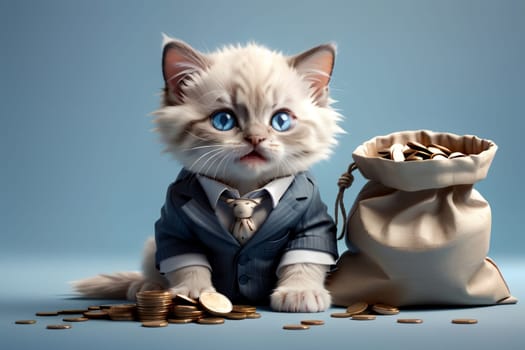 cute cat in a suit with a bag of coins .