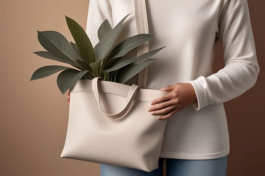 A female figure standing while holding a green plant in her hand. The womans face is not visible, and she is wearing casual clothing. The plant appears to be healthy and well cared for, with green leaves and possibly flowers.