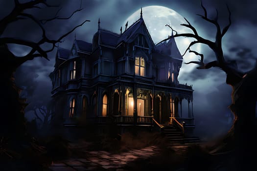 A creepy house stands against the backdrop of a full moon in the night sky. The moon casts a haunting glow over the dark, ominous structure, creating a spooky and mysterious atmosphere.