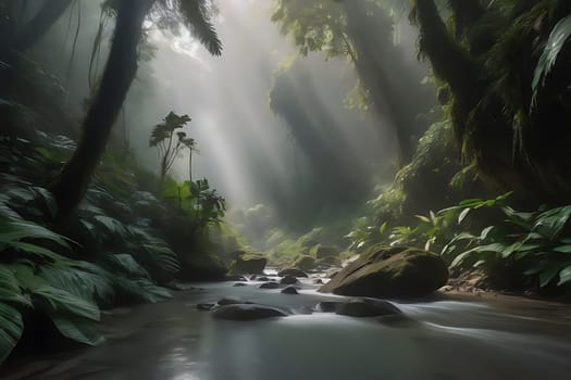 A stream flows steadily through a dense, vibrant green forest, surrounded by tall trees and lush foliage. The water glistens under the sunlight as it winds its way through the peaceful forest setting.