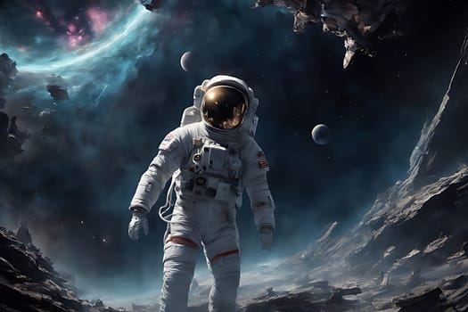 A man clad in a space suit is traversing through a rocky terrain, his sturdy boots crunching on the rough ground. The harsh landscape contrasts with his futuristic suit, creating a striking visual. Reddish boulders and dusty soil dominate the scene as the astronaut explores the unknown environment.
