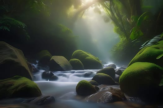 A stream flows through a dense, vibrant forest filled with lush green foliage. The water glistens as it meanders through the trees and rocks, creating a soothing natural sound. The forest is teeming with life, from birds chirping above to small animals scurrying through the undergrowth.