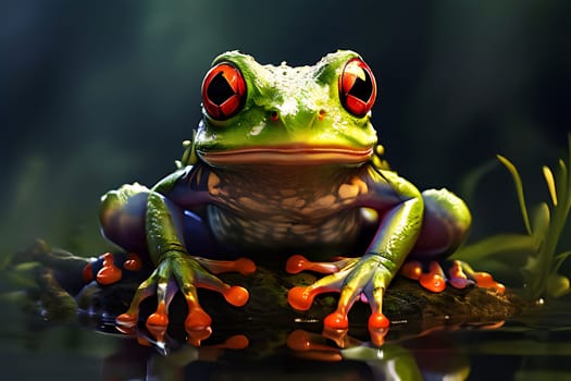 A frog with striking red eyes perches on the surface of the water, its skin blending seamlessly with the aquatic environment.