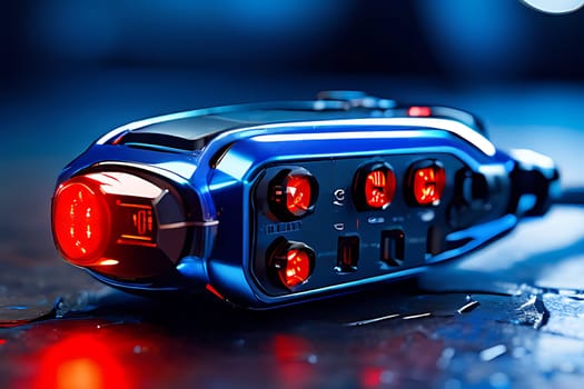 A detailed view of a blue and red object placed on a table, capturing the vibrant colors and intricate details of the item. The object stands out against the neutral background, showcasing its bold hues.