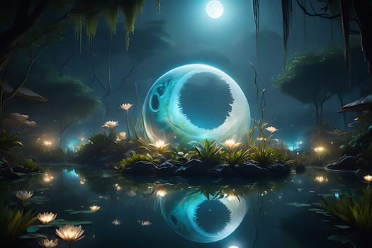 A painting depicting a large moon shining brightly in the night sky, surrounded by tall trees and a dense forest. The moonlight casts a soft glow on the foliage and forest floor, creating a mystical atmosphere.