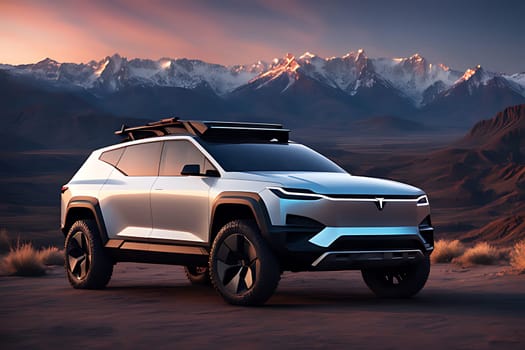 A white SUV is parked in a vast desert landscape, with towering mountains in the distance under a clear blue sky. The vehicle stands out against the sandy terrain, highlighting the contrast between man-made and natural elements.