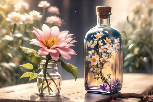 A glass bottle with a flower painted on it sits next to a vase containing a fresh flower. The artistic bottle complements the real flower, creating a harmonious display of art and nature.