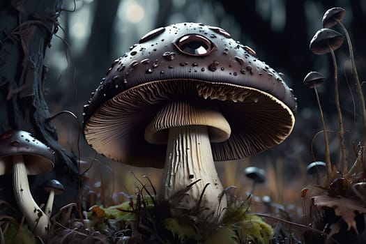 A cluster of mushrooms grows among the blades of grass in a natural setting. The various sizes and shapes of the mushrooms stand out against the green grass background, creating an interesting contrast.