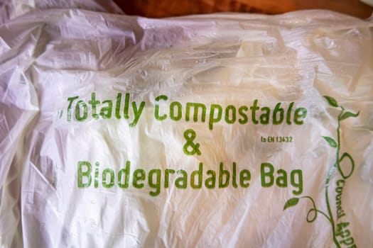 PORTNOO, IRELAND - NOVEMBER 11 2021: This bags are totally compostable.