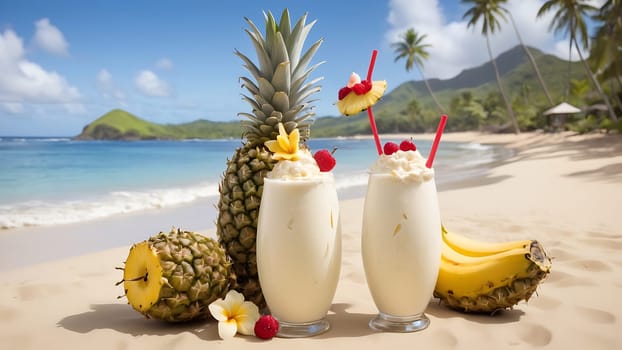 Two pineapples and two glasses of milkshakes are placed on a sandy beach. The fruits are ripe and the milkshakes are creamy, creating a refreshing scene by the ocean.