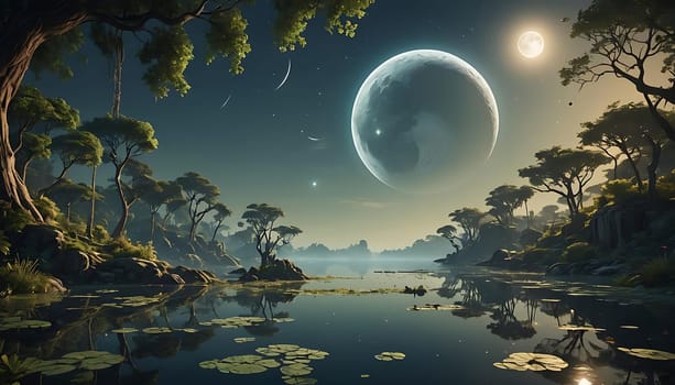 A painting depicting a moon shining in the night sky above a calm lake. The moons reflection shimmers on the water, surrounded by lily pads floating on the surface.