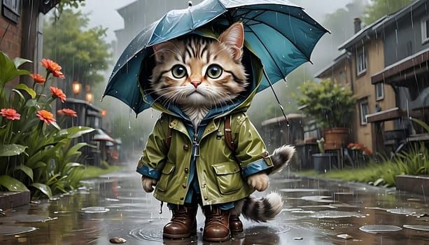 A cat wearing a yellow raincoat, standing upright on hind legs, holding a red umbrella in its paw as rain falls. The cat is looking directly at the camera.