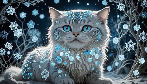 A cat with blue eyes sits gracefully in the snow, looking alert and curious. The white snow contrasts beautifully with the cats dark fur and vibrant eyes.