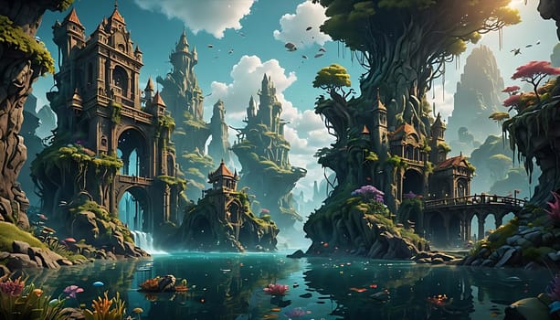This painting depicts a fantasy landscape filled with lush, green trees and a serene body of water. The trees are varied in size and shape, with some reaching high into the sky. The water reflects the colors of the surrounding trees and sky, creating a harmonious scene.