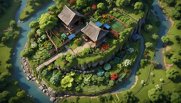 An aerial perspective showing a house nestled among a dense cluster of trees, creating a secluded and green environment. The house is visible amidst a lush canopy of various tree species.