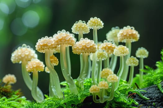 Macro image of fungal spores in moss against a blurred forest background.