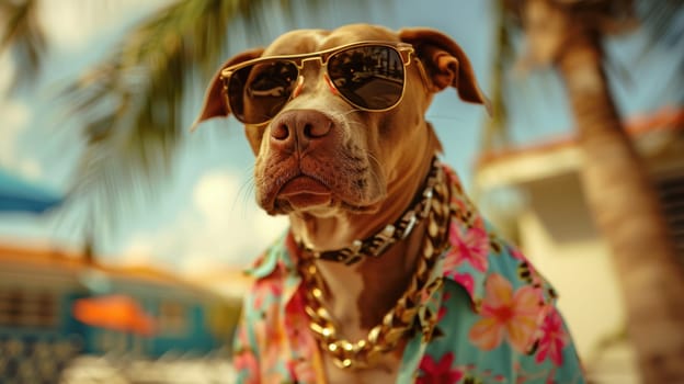 Stylish cool dog in Hawaiian shirt and sunglasses, posing confidently with gold chains against a summer background.