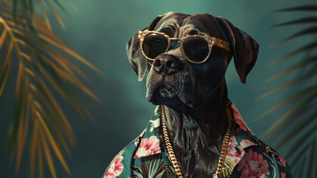 Stylish cool dog in Hawaiian shirt and sunglasses, posing confidently with gold chains against a summer background.