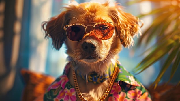 Stylish cool dog in Hawaiian shirt and sunglasses, posing confidently with gold chains against a summer background.