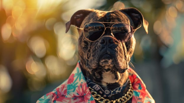 Stylish cool dog in Hawaiian shirt and sunglasses, posing confidently with gold chains against a summer background.