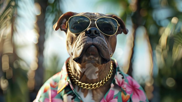 Stylish cool dog in Hawaiian shirt and sunglasses, posing confidently with gold chains against a summer background.