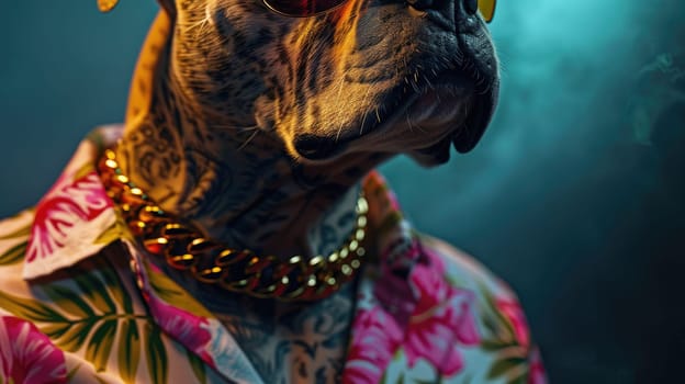 Stylish cool dog in Hawaiian shirt and sunglasses, posing confidently with gold chains against a summer background.