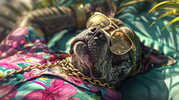 Stylish cool dog in Hawaiian shirt and sunglasses, posing confidently with gold chains against a summer background.