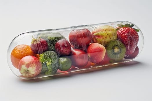 Health capsule. Transparent capsule with fruits and vegetables inside. Dietary supplements concept.