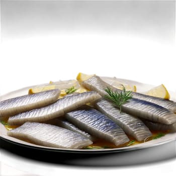 Pickled herring silver fillets in clear brine onion slices bobbing Food and Culinary concept. Food isolated on transparent background.