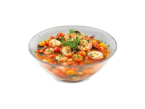 Cioppino seafood stew with tomatoes and fresh herbs served in a transparent glass bowl San. Food isolated on transparent background.