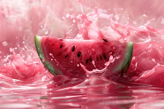 A piece of ripe watermelon with seeds on a pink background with a splash of pink juice.