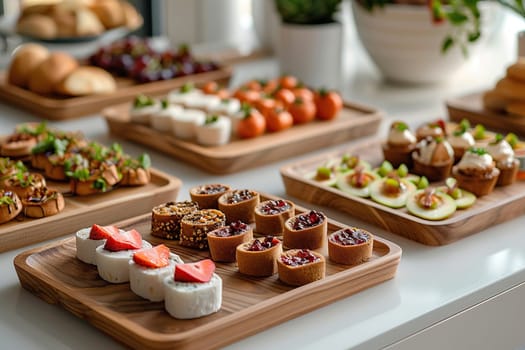 Modern catering. Light snacks on wooden trays, professional food serving for an event or holiday.