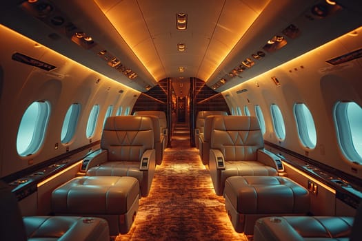 Airplane cabin interior with empty comfortable seats in business class with windows. Air transport.