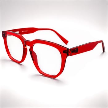 Geometric glasses with bold red acetate frames and clear lenses creating a striking statement piece. Product isolated on transparent background