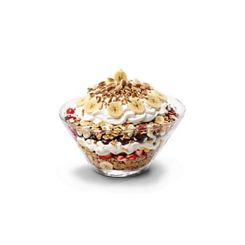 Granola banana split indulgent and wholesome slicing and revealing layers with a drizzle of peanut. Food isolated on transparent background.