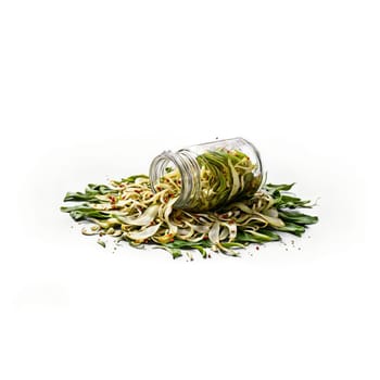 Pickled ramps garlicky and pungent spilling from a jar with chili flakes and bay leaves. Food isolated on transparent background.
