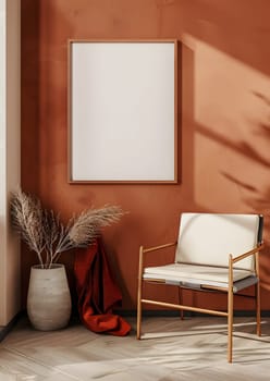 A cozy living room with a wooden chair and a rectangular picture frame on the wall. The interior design combines comfort and style