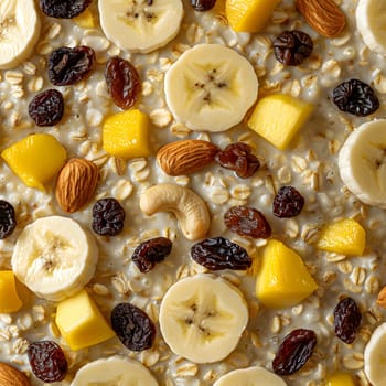 A delicious dish featuring oatmeal topped with a mix of bananas, pineapples, raisins, almonds, and cashews a superfood breakfast loaded with natural ingredients and produce