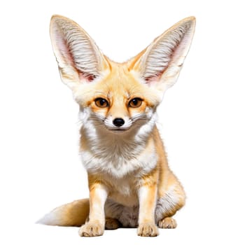 Animal isolated on transparent background. Adorable fennec fox Vulpes zerda kit oversized ears soft sand colored fur playful pose Animal.