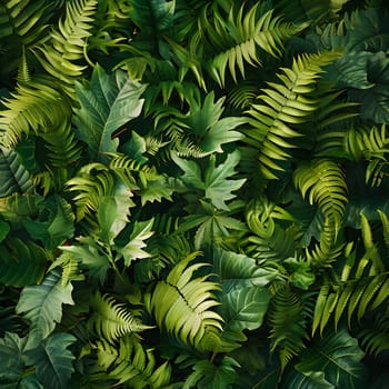 A close up shot of a variety of green leaves belonging to different plant organisms such as trees, shrubs, and groundcovers, creating a beautiful and vibrant landscape with evergreen features