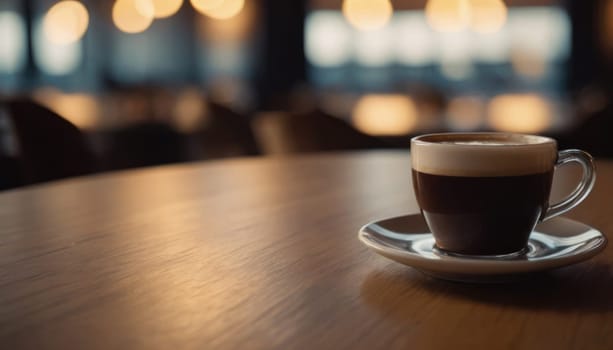 Cafe hot cup of coffee on a saucer on a dark background, casting a thin shadow. Bokeh in the background