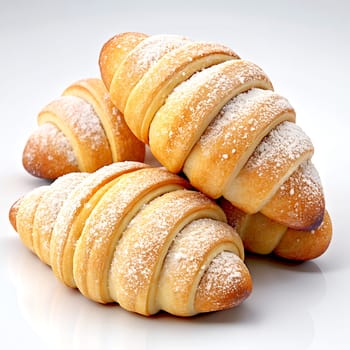 Realistic croissants with powdered sugar close-up, generated by AI illustration.